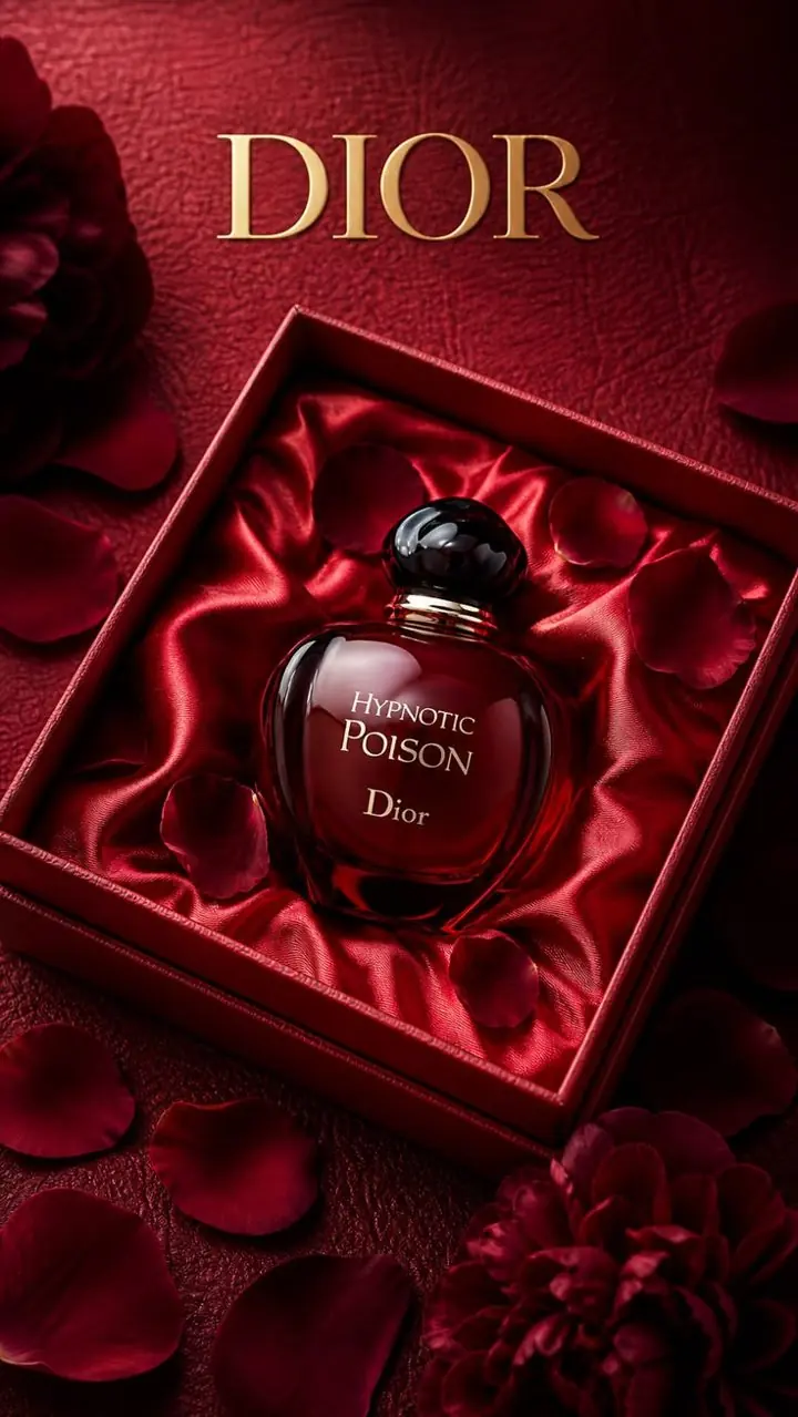 Dior Hypnotic Poison perfume in a red satin gift box with rose petals